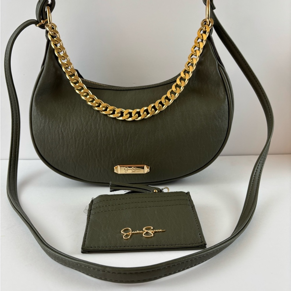 Jessica Simpson Olive Green Crescent Shoulder Bag Gold Chain Card Pouch (A3)